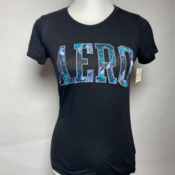NWT AEROPOSTALE NYC Women Tropical Track Floral Fill Appliqué Graphic Tee Black - Picture 3 of 4